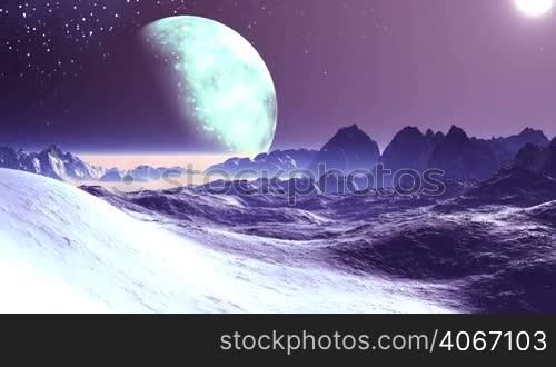 The bright sun illuminates the desert mountain landscape. Above the horizon is a thick fog. Large moon in the penumbra.