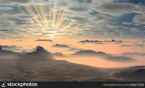 The bright white sun, emitting rays, slowly rises above the misty horizon. In the sky floating clouds. Below them are mountains, valleys, rivers covered with dense fog.