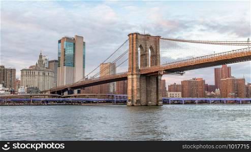 The Brooklyn Bridge at sunset, New York City.