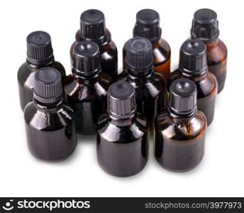 The brown glass bottles for supplement product with white cap isolated on white background