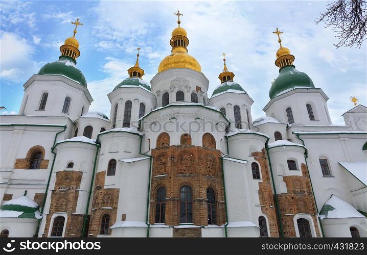 The building of the famous St. Sophia Cathedral in Kyiv in the winter 01 07 2019 against the blue cloudy sky. The famous St. Sophia Cathedral in Kyiv in the winter against the blue cloudy sky