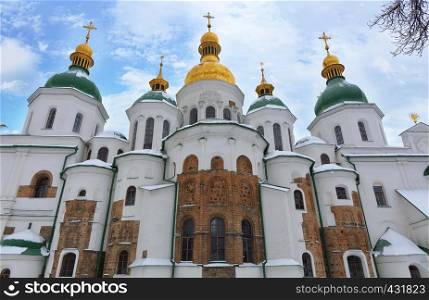 The building of the famous St. Sophia Cathedral in Kyiv in the winter 01 07 2019 against the blue cloudy sky. The famous St. Sophia Cathedral in Kyiv in the winter against the blue cloudy sky