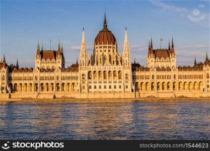 The building of the Hungarian Parliament in Budapest at the river Danube, Hungary