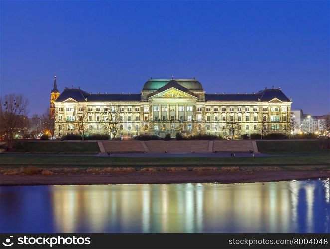 The building of the Ministry of Finance of Saxony on the banks of the Elbe in Dresden at night.. Dresden. Ministry of Finance.