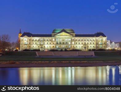 The building of the Ministry of Finance of Saxony on the banks of the Elbe in Dresden at night.. Dresden. Ministry of Finance.