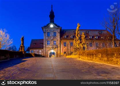 The building of the old medieval town hall on the bridge over the river at dawn. Bamberg. Bavaria Germany.. Bamberg. City Hall on the bridge.