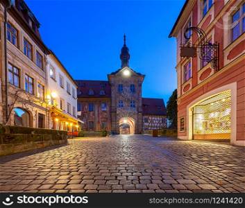 The building of the old medieval town hall on the bridge over the river at dawn. Bamberg. Bavaria Germany.. Bamberg. City Hall on the bridge.