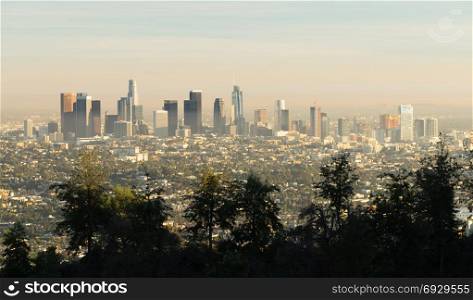 The buildings and architecture of downtown Los Angeles California near sunset