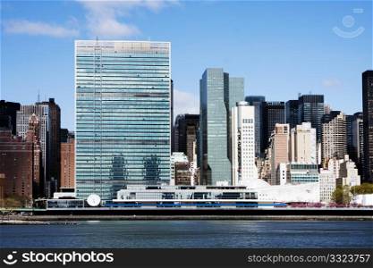 The buildings of the United Nations headquarters in Manhattan, New York City, on the waterside of the East River.