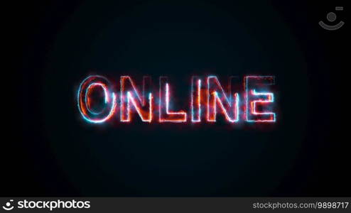 The burning inscription Online on a screen on the Internet. 3d rendering text. Computer generated web background. The word Online on a screen on the Internet. Burning inscription. 3d rendering text. Computer generated web background