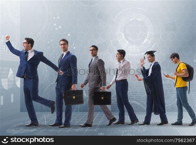 The business concept with man progressing through stages. Business concept with man progressing through stages