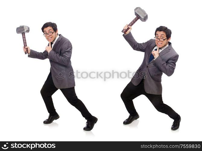The business man holding hammer isolated on white. Business man holding hammer isolated on white