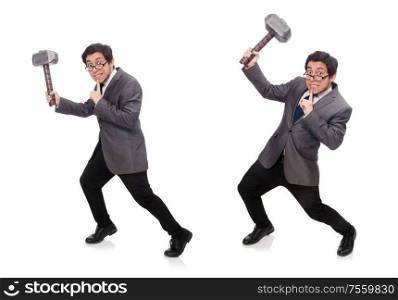 The business man holding hammer isolated on white. Business man holding hammer isolated on white