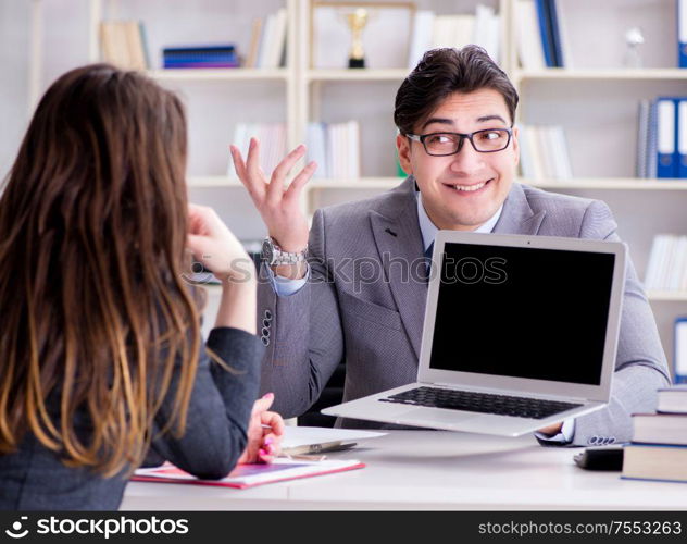 The business meeting between businessman and businesswoman. Business meeting between businessman and businesswoman