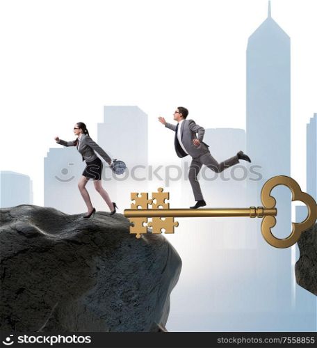 The business people chasing each other towards key to success. Business people chasing each other towards key to success