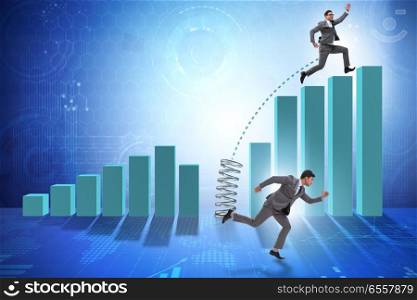 The business people jumping over bar charts. Business people jumping over bar charts. The business people jumping over bar charts