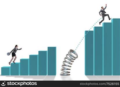 The business people jumping over bar charts. Business people jumping over bar charts