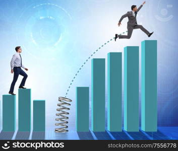 The business people jumping over bar charts. Business people jumping over bar charts