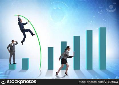 The business people vault jumping over bar charts. Business people vault jumping over bar charts