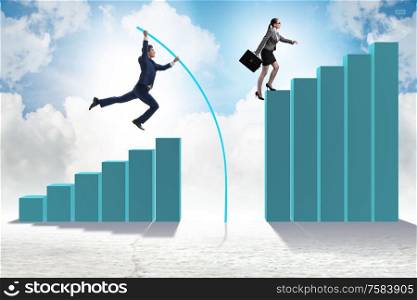The business people vault jumping over bar charts. Business people vault jumping over bar charts