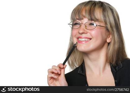 The business woman in eyeglasses and with pen.????????N?????????? on the white background.