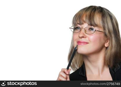 The business woman in eyeglasses and with pen.????????N?????????? on the white background.