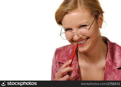 The business woman in glasses and with pen. It is isolated on a white background
