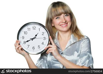 The business woman with clock in hands. It is isolated on a white background