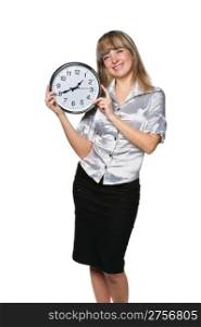 The business woman with clock in hands. It is isolated on a white background