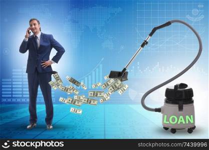 The businessman and vacuum cleaner sucking money out of him. Businessman and vacuum cleaner sucking money out of him