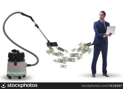 The businessman and vacuum cleaner sucking money out of him. Businessman and vacuum cleaner sucking money out of him