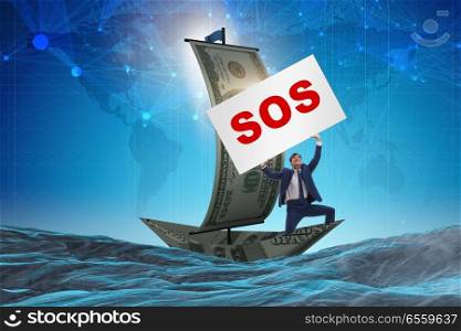 The businessman asking for help with sos message on boat. Businessman asking for help with SOS message on boat. The businessman asking for help with sos message on boat