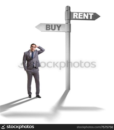 The businessman at crossroads betweem buying and renting on white. Businessman at crossroads betweem buying and renting on white