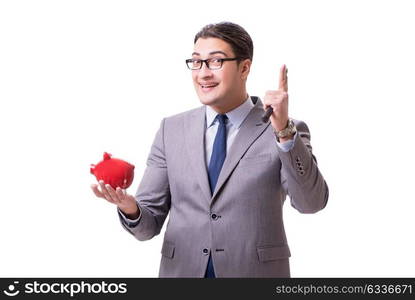 The businessman breaking piggybank isolated white background. Businessman breaking piggybank isolated white background