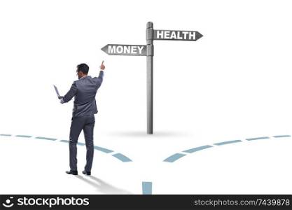 The businessman choosing between money and health. Businessman choosing between money and health