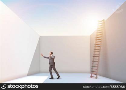 The businessman climbing a ladder to escape from problems. Businessman climbing a ladder to escape from problems. The businessman climbing a ladder to escape from problems