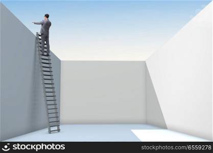The businessman climbing a ladder to escape from problems. Businessman climbing a ladder to escape from problems. The businessman climbing a ladder to escape from problems