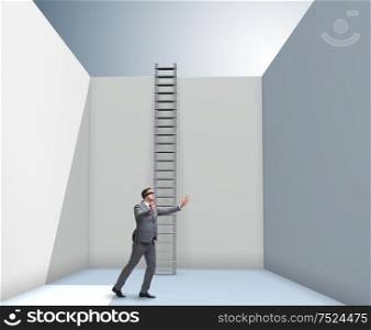 The businessman climbing a ladder to escape from problems. Businessman climbing a ladder to escape from problems