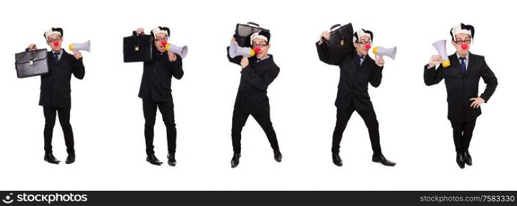 The businessman clown with loudspeaker on white. Businessman clown with loudspeaker on white