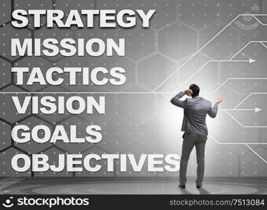 The businessman confused with strategic objectives. Businessman confused with strategic objectives