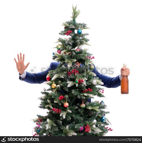 The businessman decorating christmas tree isolated on white. Businessman decorating christmas tree isolated on white