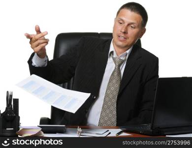 The businessman discontentedly throws the financial report. It is isolated on a white background