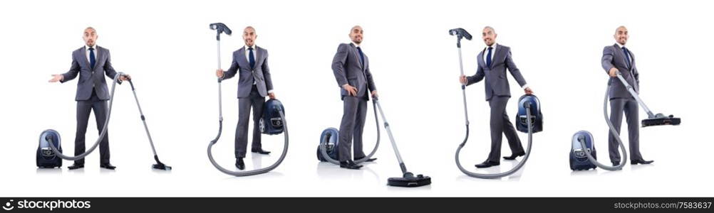 The businessman doing vacuum cleaning on white. Businessman doing vacuum cleaning on white