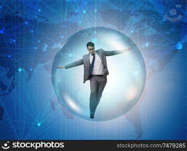 The businessman flying inside the bubble. Businessman flying inside the bubble