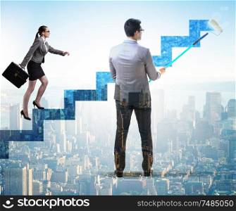 The businessman helping colleague to progress in career ladder. Businessman helping colleague to progress in career ladder