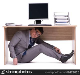 The businessman hiding in the ofice. Businessman hiding in the ofice