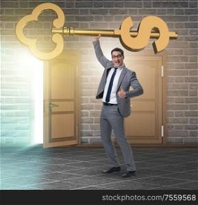 The businessman holding key to financial success and prosperity. Businessman holding key to financial success and prosperity