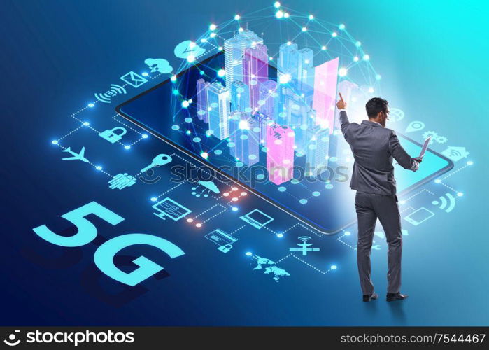 The businessman in 5g high internet speed concept. Businessman in 5g high internet speed concept