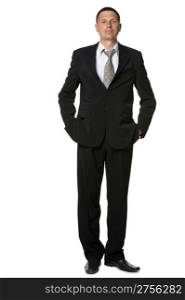 The businessman in a black suit. It is isolated on a white background