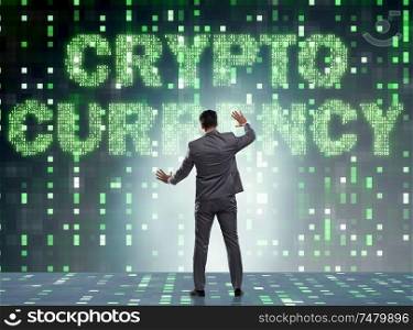 The businessman in blockchain cryptocurrency concept. Businessman in blockchain cryptocurrency concept